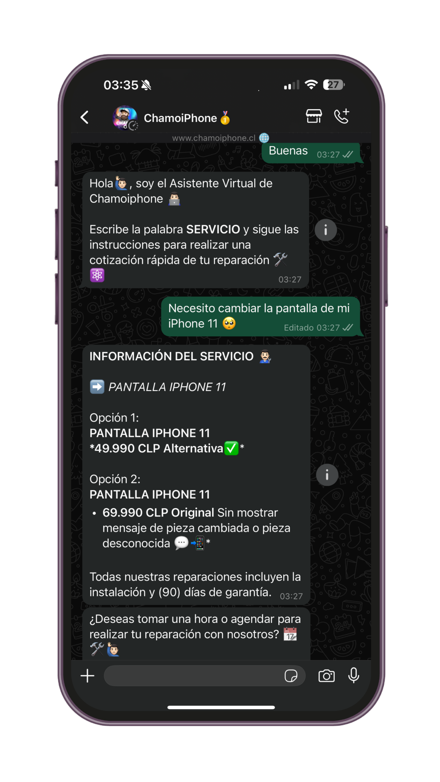 Vista en teléfono de ChamoiPhone